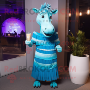 Cyan Quagga mascot costume character dressed with a Cocktail Dress and Rings