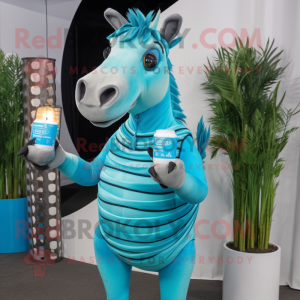 Cyan Quagga mascot costume character dressed with a Cocktail Dress and Rings