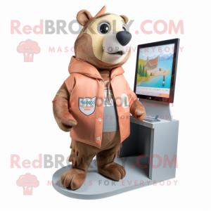 Brown Salmon mascot costume character dressed with a Cardigan and Watches
