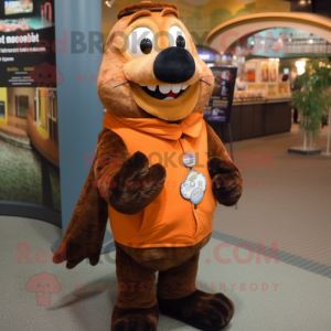 Brown Salmon mascot costume character dressed with a Cardigan and Watches