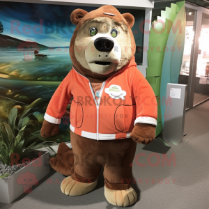 Brown Salmon mascot costume character dressed with a Cardigan and Watches