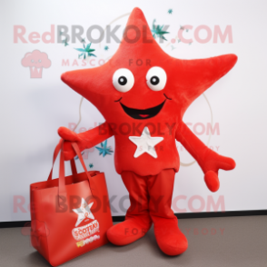 Red Starfish mascot costume character dressed with a Jacket and Tote bags