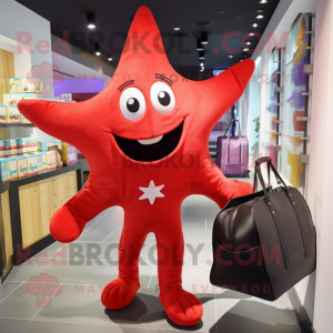 Red Starfish mascot costume character dressed with a Jacket and Tote bags