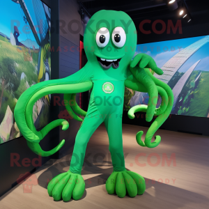 Green Kraken mascot costume character dressed with a Rash Guard and Clutch bags