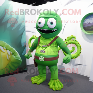 Green Kraken mascot costume character dressed with a Rash Guard and Clutch bags