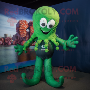 Green Kraken mascot costume character dressed with a Rash Guard and Clutch bags