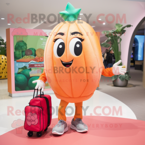 Peach Enchiladas mascot costume character dressed with a Joggers and Handbags