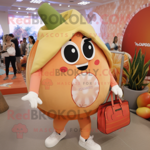 Peach Enchiladas mascot costume character dressed with a Joggers and Handbags