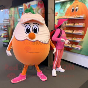 Peach Enchiladas mascot costume character dressed with a Joggers and Handbags