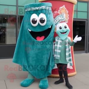 Teal Pizza Slice mascot costume character dressed with a T-Shirt and Scarves