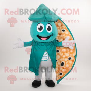 Teal Pizza Slice mascot costume character dressed with a T-Shirt and Scarves