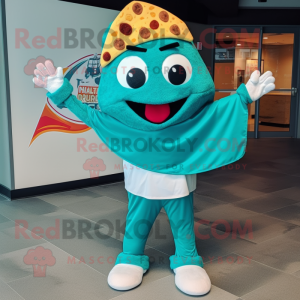 Teal Pizza Slice mascot costume character dressed with a T-Shirt and Scarves