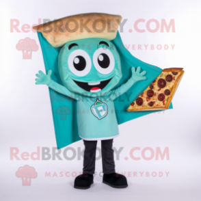 Teal Pizza Slice mascot costume character dressed with a T-Shirt and Scarves