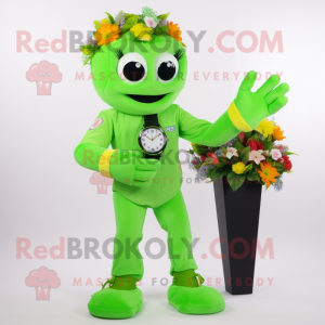 Lime Green Bouquet Of Flowers mascot costume character dressed with a Jumpsuit and Smartwatches