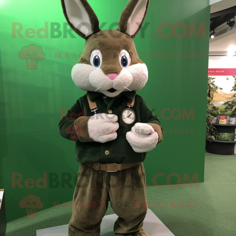 Forest Green Rabbit mascot costume character dressed with a Corduroy Pants and Bracelet watches