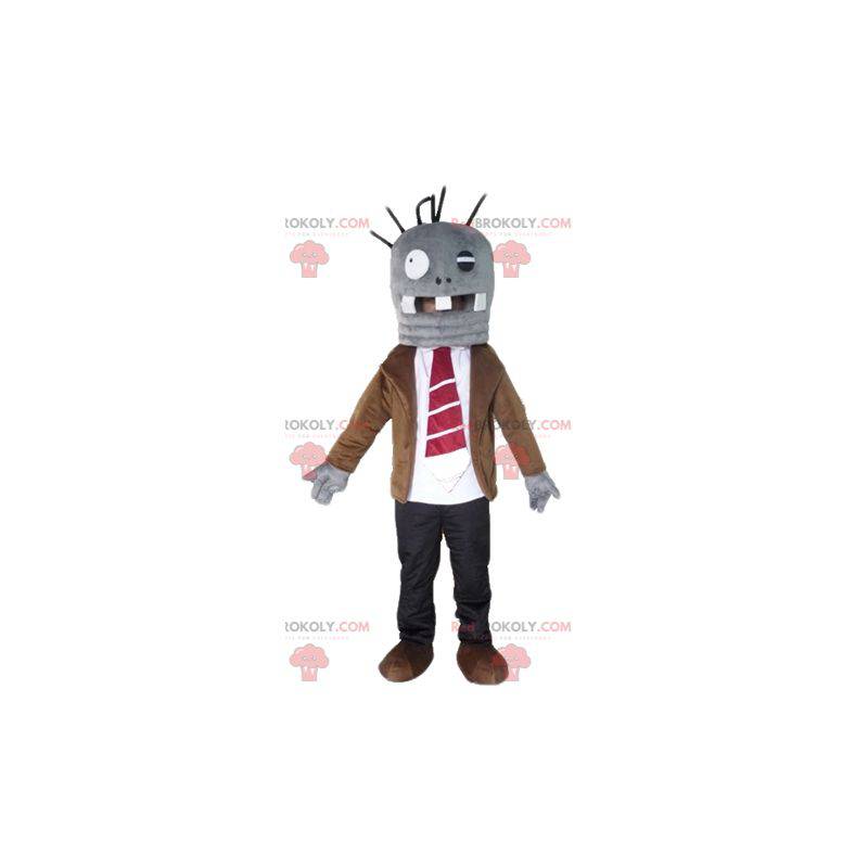 Mascote monstro cinza muito divertido de terno e gravata -