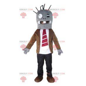 Mascotte de monstre gris très amusant en costume cravate -