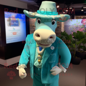 Turquoise Jersey Cow mascot costume character dressed with a Suit Jacket and Hat pins