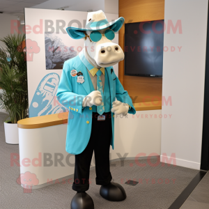 Turquoise Jersey Cow mascot costume character dressed with a Suit Jacket and Hat pins