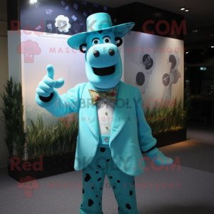 Turquoise Jersey Cow mascot costume character dressed with a Suit Jacket and Hat pins