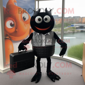 Black Crab mascot costume character dressed with a Button-Up Shirt and Briefcases
