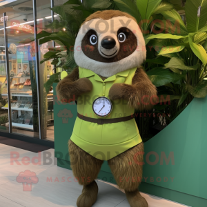 Olive Sloth mascot costume character dressed with a Pleated Skirt and Digital watches