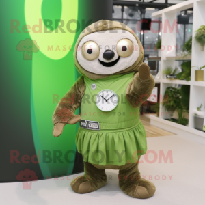 Olive Sloth mascot costume character dressed with a Pleated Skirt and Digital watches