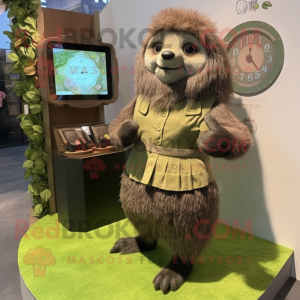 Olive Sloth mascot costume character dressed with a Pleated Skirt and Digital watches