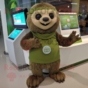 Olive Sloth mascot costume character dressed with a Pleated Skirt and Digital watches