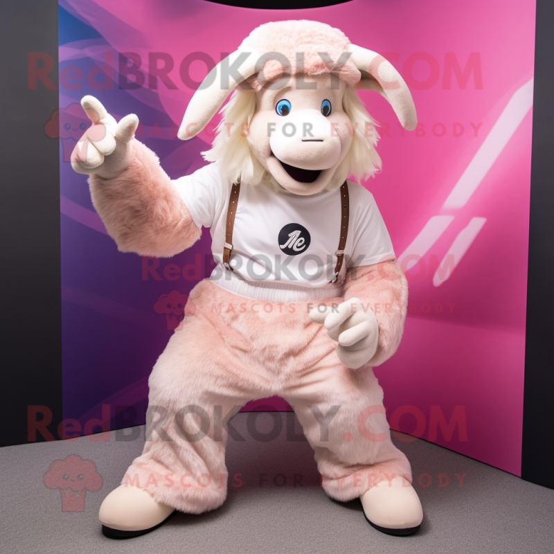 Pink Angora Goat mascot costume character dressed with a Chinos and Beanies Pink Angora Goat mascot costume character dressed with a Chinos and Beanies