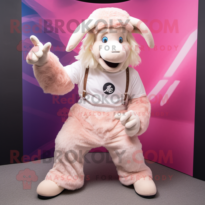 Pink Angora Goat mascot costume character dressed with a Chinos and Beanies