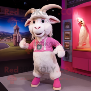 Pink Angora Goat mascot costume character dressed with a Chinos and Beanies