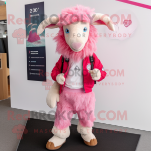 Pink Angora Goat mascot costume character dressed with a Chinos and Beanies
