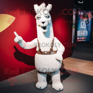 White Llama mascot costume character dressed with a Skinny Jeans and Shoe laces