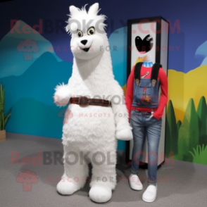 White Llama mascot costume character dressed with a Skinny Jeans and Shoe laces