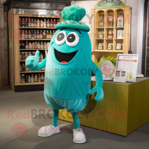 Cyan Pesto Pasta mascot costume character dressed with a Bermuda Shorts and Necklaces