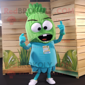 Cyan Pesto Pasta mascot costume character dressed with a Bermuda Shorts and Necklaces