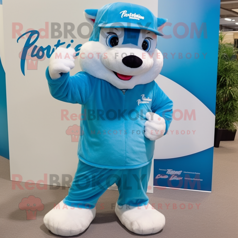 Sky Blue Ferret mascot costume character dressed with a Henley Shirt and Headbands Sky Blue Ferret mascot costume character dressed with a Henley Shirt and Headbands