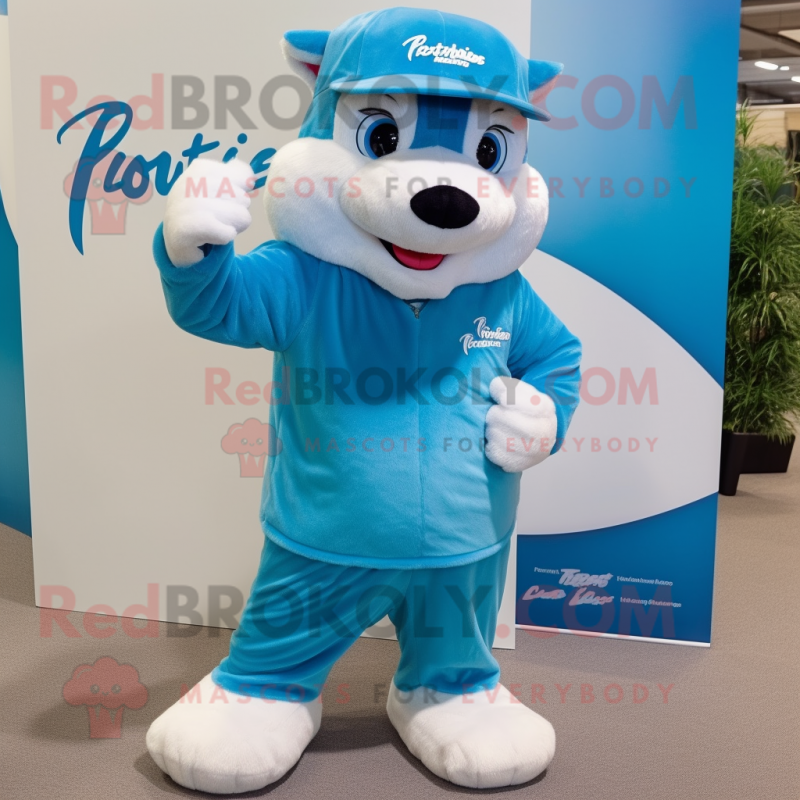 Sky Blue Ferret mascot costume character dressed with a Henley Shirt and Headbands