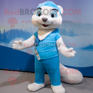 Sky Blue Ferret mascot costume character dressed with a Henley Shirt and Headbands