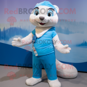 Sky Blue Ferret mascot costume character dressed with a Henley Shirt and Headbands