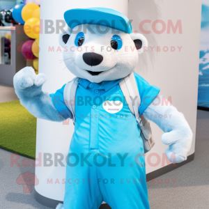 Sky Blue Ferret mascot costume character dressed with a Henley Shirt and Headbands