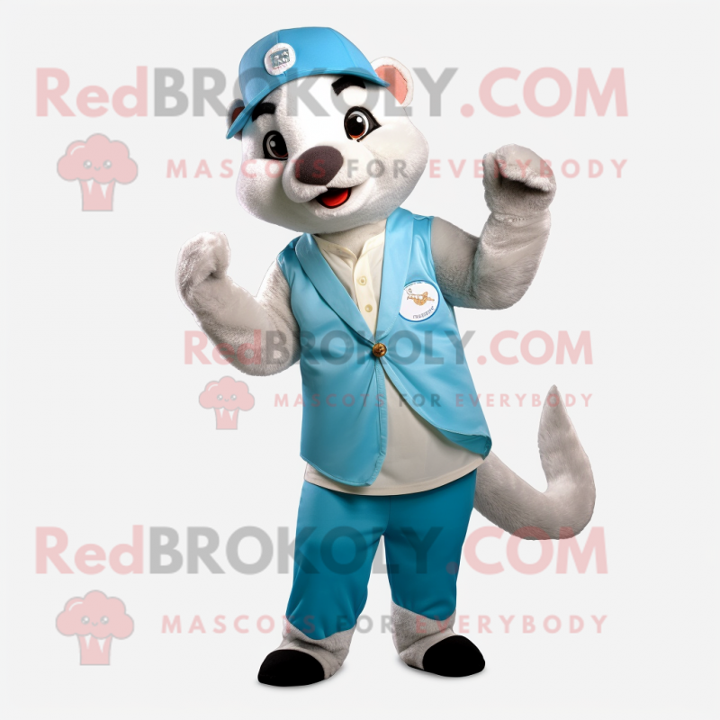 Sky Blue Ferret mascot costume character dressed with a Henley Shirt and Headbands