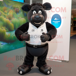 Black Buffalo mascot costume character dressed with a Henley Shirt and Smartwatches