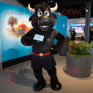 Black Buffalo mascot costume character dressed with a Henley Shirt and Smartwatches