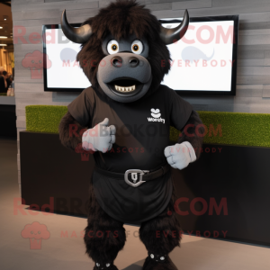 Black Buffalo mascot costume character dressed with a Henley Shirt and Smartwatches