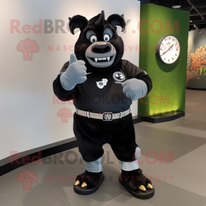 Black Buffalo mascot costume character dressed with a Henley Shirt and Smartwatches