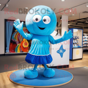 Sky Blue Juggle mascot costume character dressed with a Bikini and Shawl pins