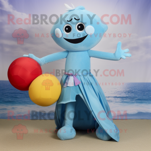 Sky Blue Juggle mascot costume character dressed with a Bikini and Shawl pins