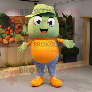 Olive Mandarin mascot costume character dressed with a Jeans and Shoe laces